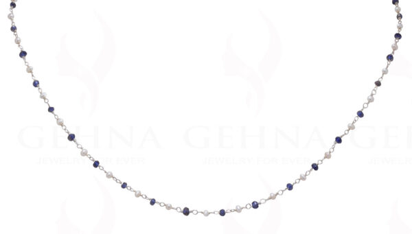 Pearl & Blue Sapphire Gemstone Bead Chain In .925 Sterling Silver Cm1058