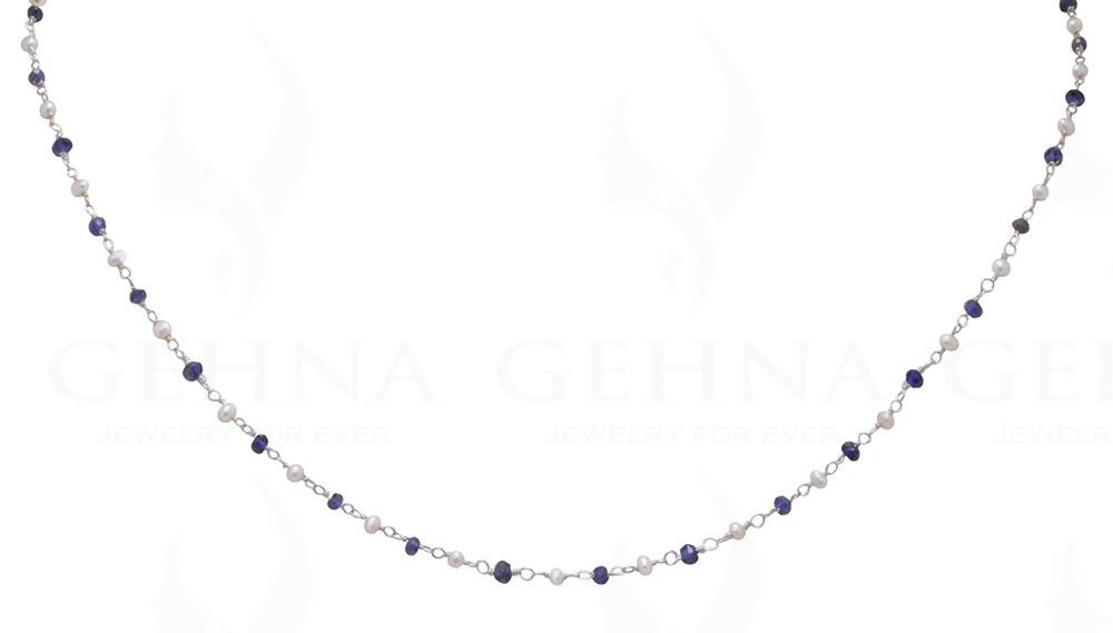 Pearl & Blue Sapphire Gemstone Bead Chain In .925 Sterling Silver Cm1058