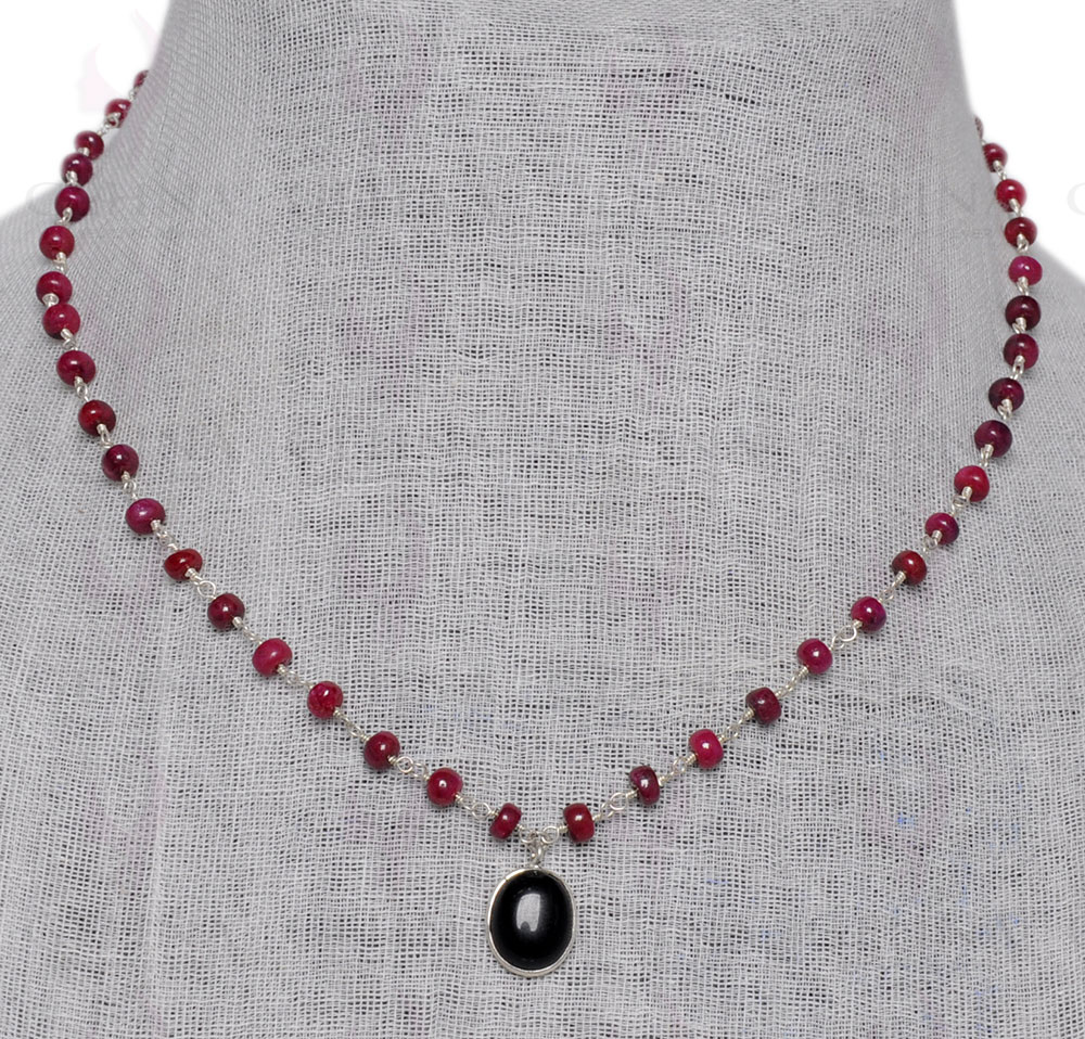 Black Onyx Studded Pendant Beaded With Ruby Chain In .925 Sterling Silver CP-1058