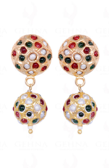 Pearl, Emerald & Ruby Stone Studded Jadau Ball Earrings LE01-1058