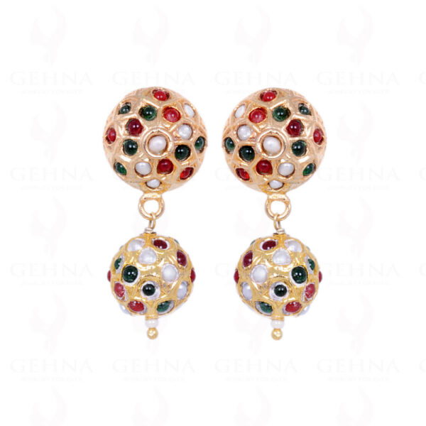 Pearl, Emerald & Ruby Stone Studded Jadau Ball Earrings LE01-1058