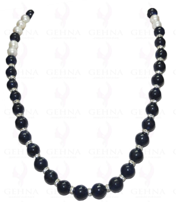 Necklace Of Pearl & Blue Sapphire Gemstone Balls With Silver Elements NM-1058