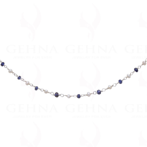 Pearl & Blue Sapphire Gemstone Bead Chain In .925 Sterling Silver Cm1058