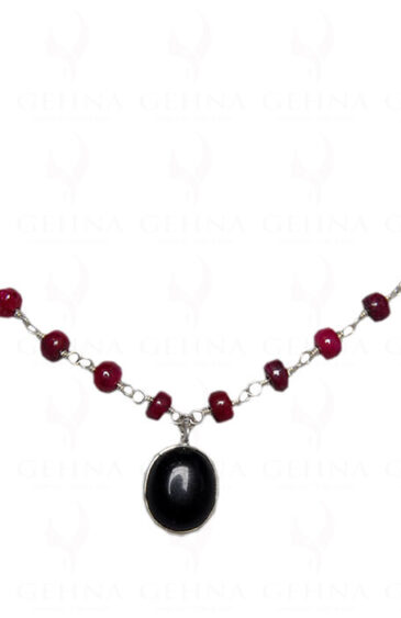 Black Onyx Studded Pendant Beaded With Ruby Chain In .925 Sterling Silver CP-1058