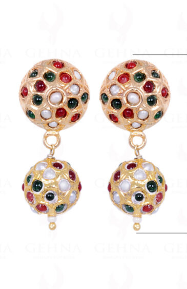 Pearl, Emerald & Ruby Stone Studded Jadau Ball Earrings LE01-1058