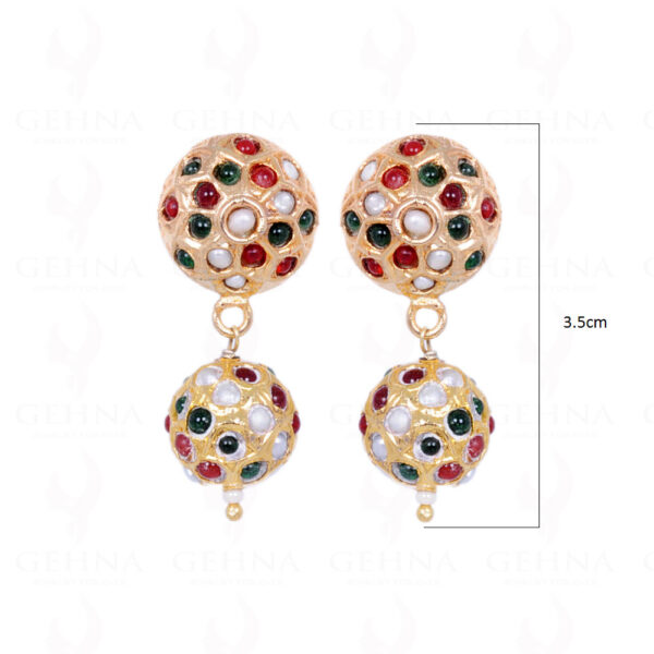 Pearl, Emerald & Ruby Stone Studded Jadau Ball Earrings LE01-1058