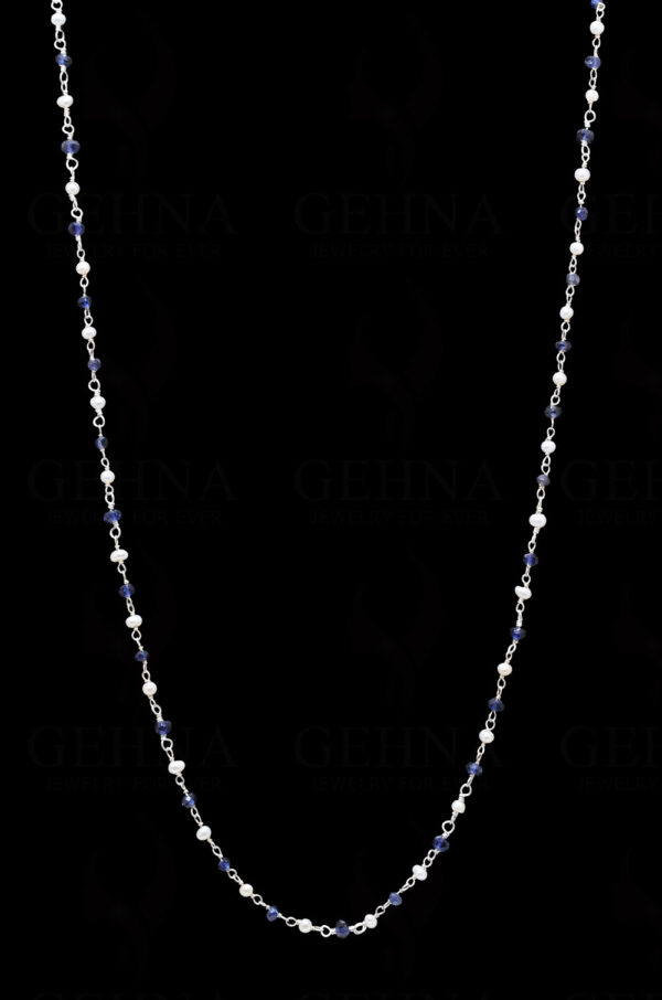 Pearl & Blue Sapphire Gemstone Bead Chain In .925 Sterling Silver Cm1058