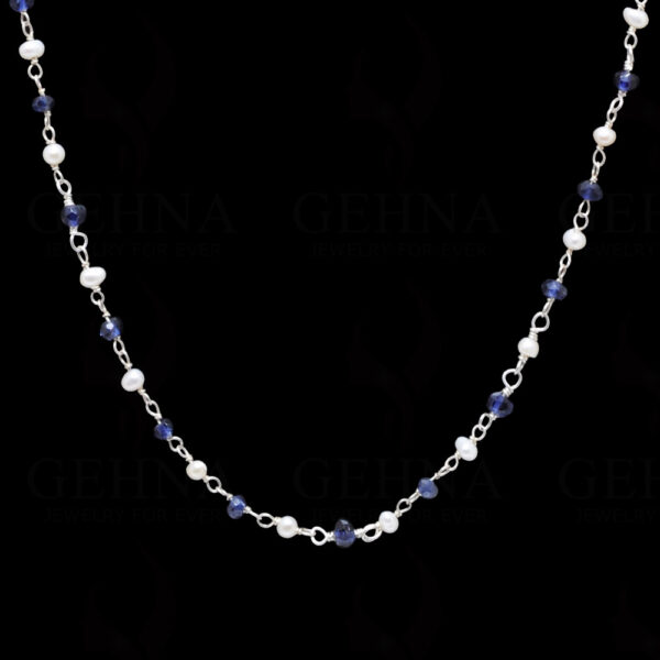 Pearl & Blue Sapphire Gemstone Bead Chain In .925 Sterling Silver Cm1058