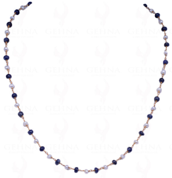 Pearl & Blue Sapphire Gemstone Bead Chain In .925 Sterling Silver Cm1059