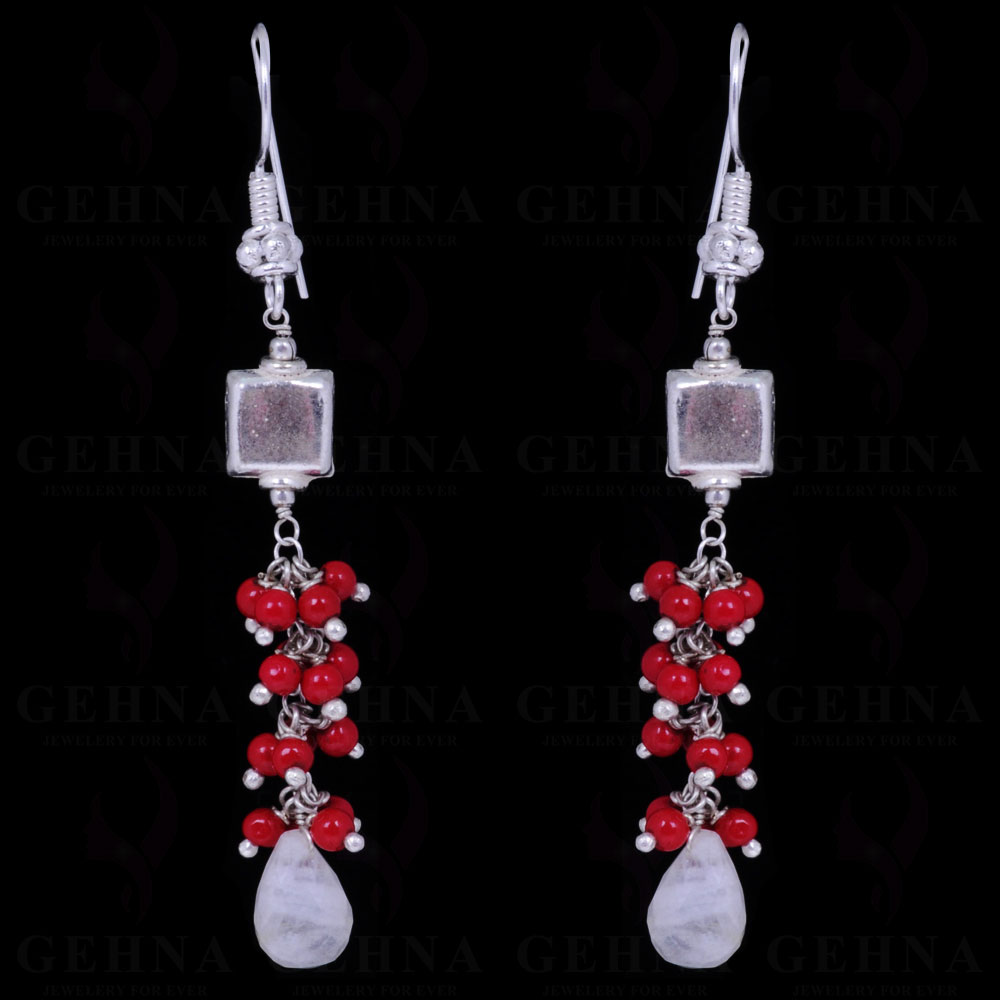 Coral & Rainbow Moonstone Gemstone .925 Sterling Silver Earrings ES-1059