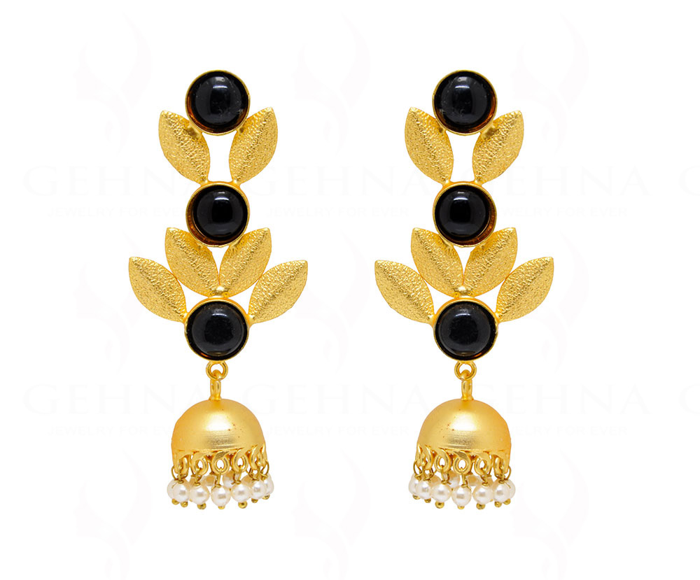 Black Onyx Studded Leaf Shape Earrings FE-1059