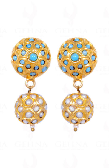 Pearl & Turquoise Stone Studded Jadau Ball Earrings LE01-1059