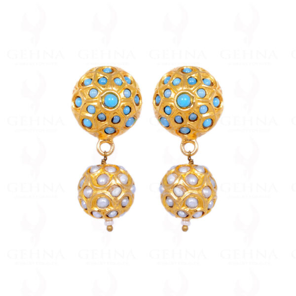 Pearl & Turquoise Stone Studded Jadau Ball Earrings LE01-1059