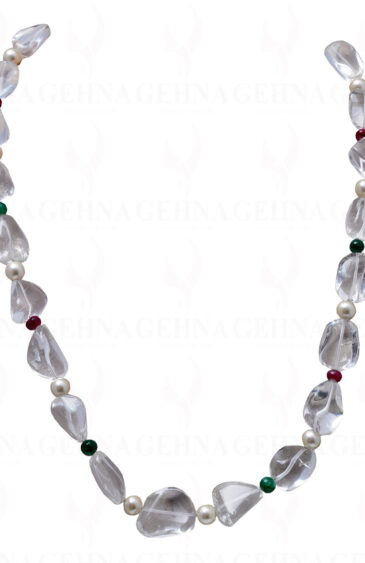 Necklace Of Emerald Ruby & Rock-Crystal Bead With Natural Sea Water Pearl NM-1059