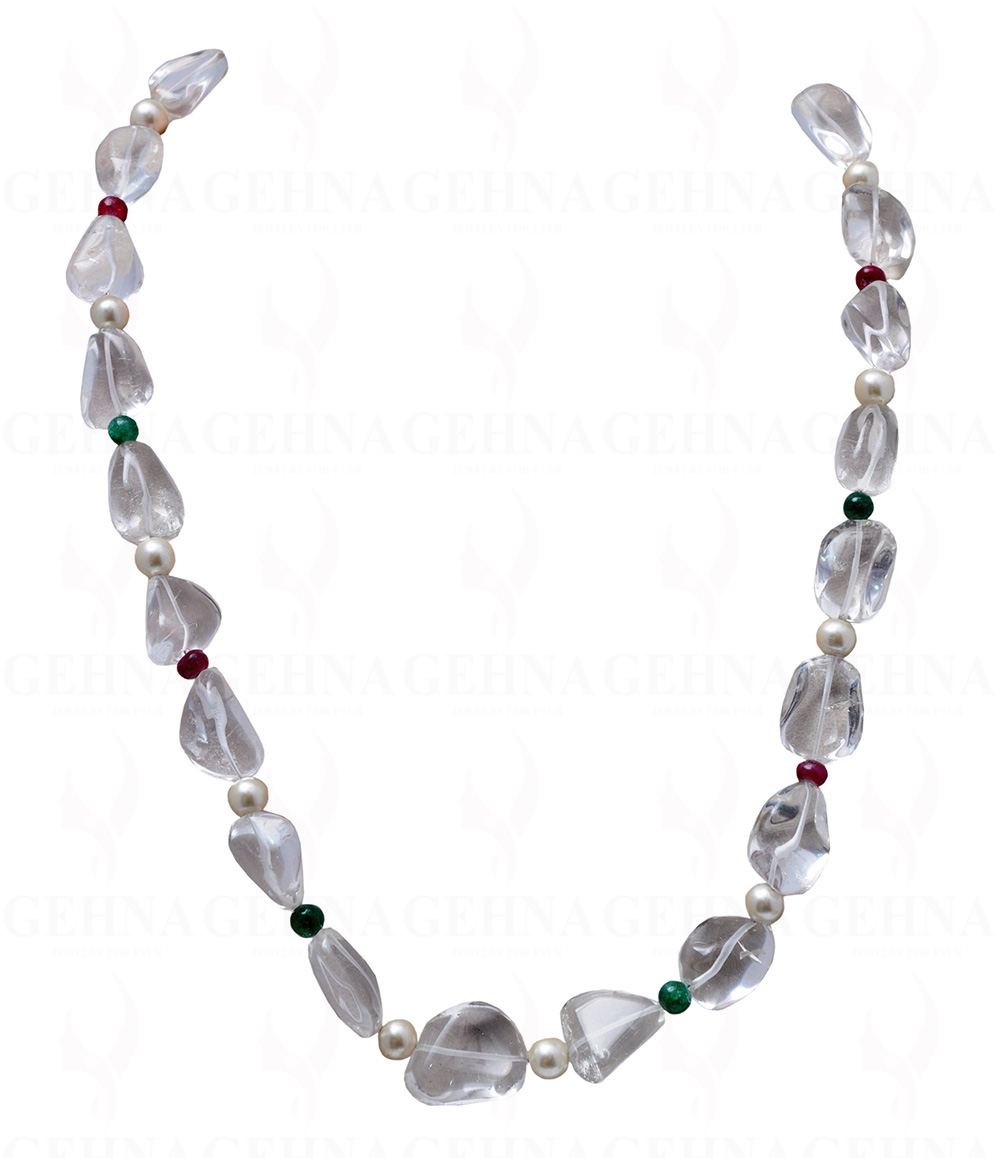 Necklace Of Emerald Ruby & Rock-Crystal Bead With Natural Sea Water Pearl NM-1059