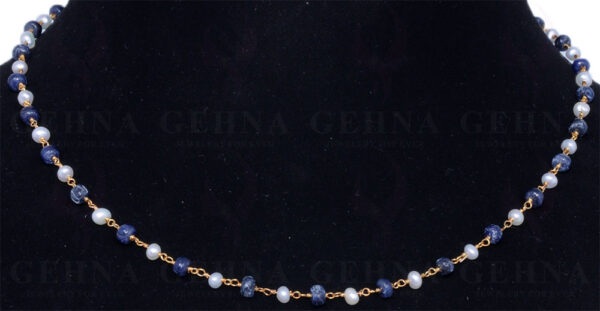 Pearl & Blue Sapphire Gemstone Bead Chain In .925 Sterling Silver Cm1059