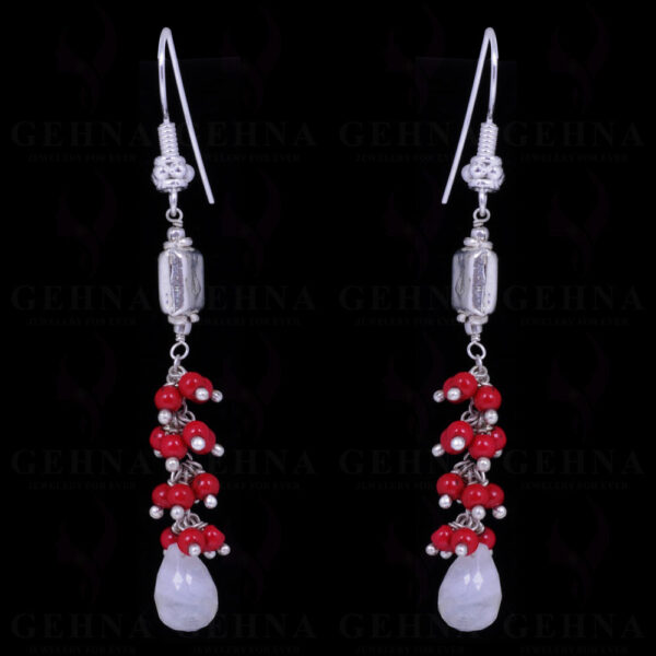 Coral & Rainbow Moonstone Gemstone .925 Sterling Silver Earrings ES-1059