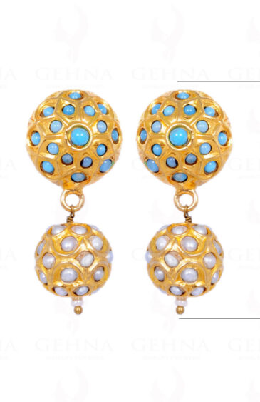 Pearl & Turquoise Stone Studded Jadau Ball Earrings LE01-1059