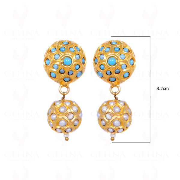 Pearl & Turquoise Stone Studded Jadau Ball Earrings LE01-1059