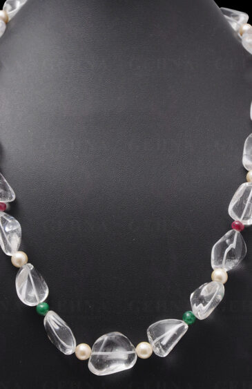 Necklace Of Emerald Ruby & Rock-Crystal Bead With Natural Sea Water Pearl NM-1059