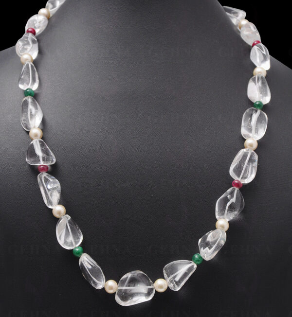 Necklace Of Emerald Ruby & Rock-Crystal Bead With Natural Sea Water Pearl NM-1059