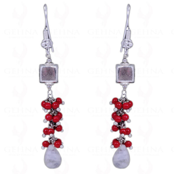 Coral & Rainbow Moonstone Gemstone .925 Sterling Silver Earrings ES-1059