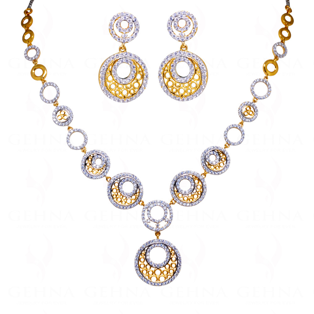 Dual Tone Rhodium Plated Simulated Diamond Studded Statement Necklace Set FN-1060