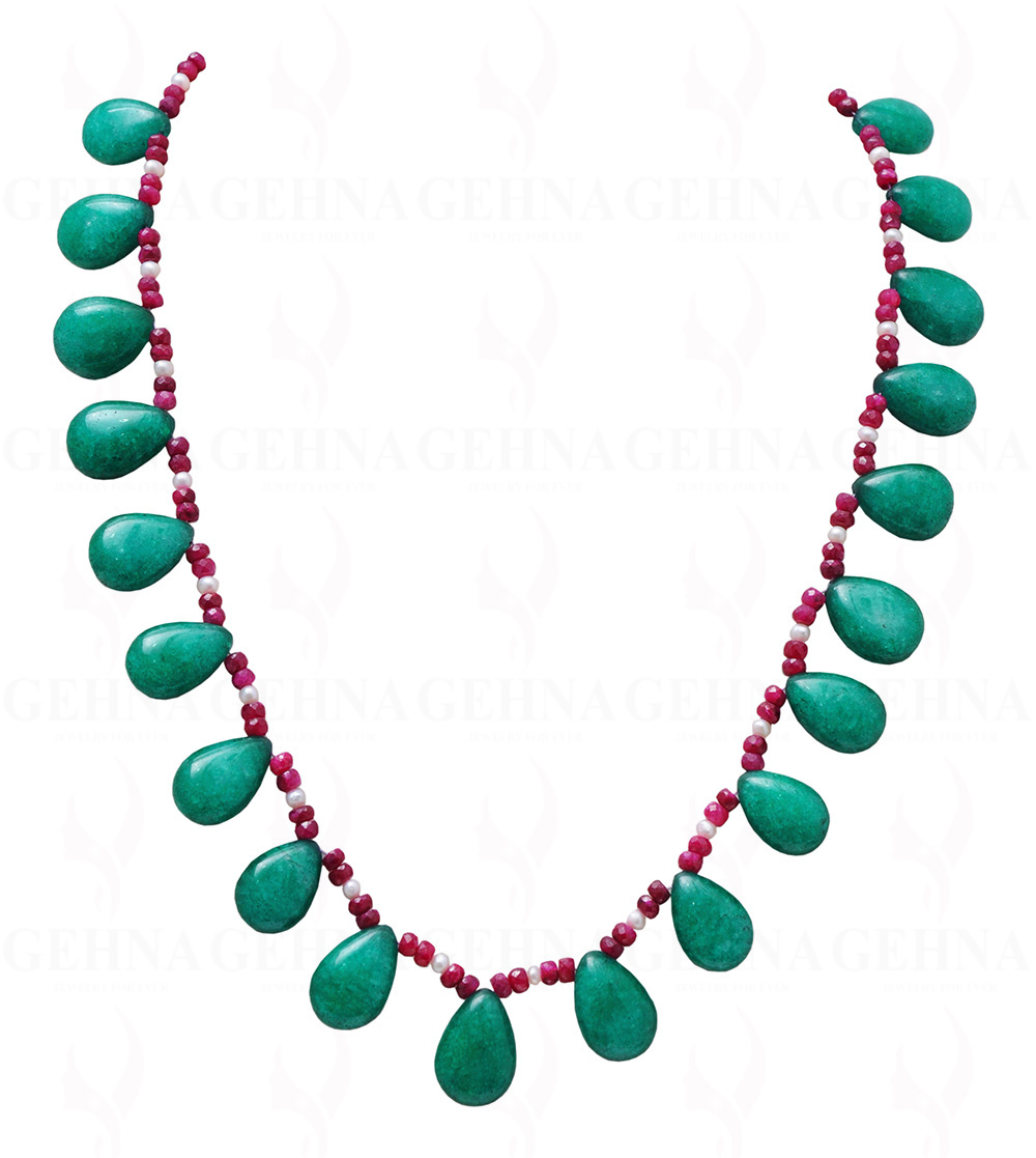 Necklace Of Green Onyx Almond & Ruby Gemstone  Bead With Sea Water Pearls NM-1060