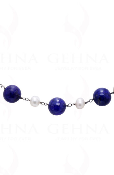 Pearl & Lapis Lazuli Gemstone Bead Chain In .925 Sterling Silver Cm1060