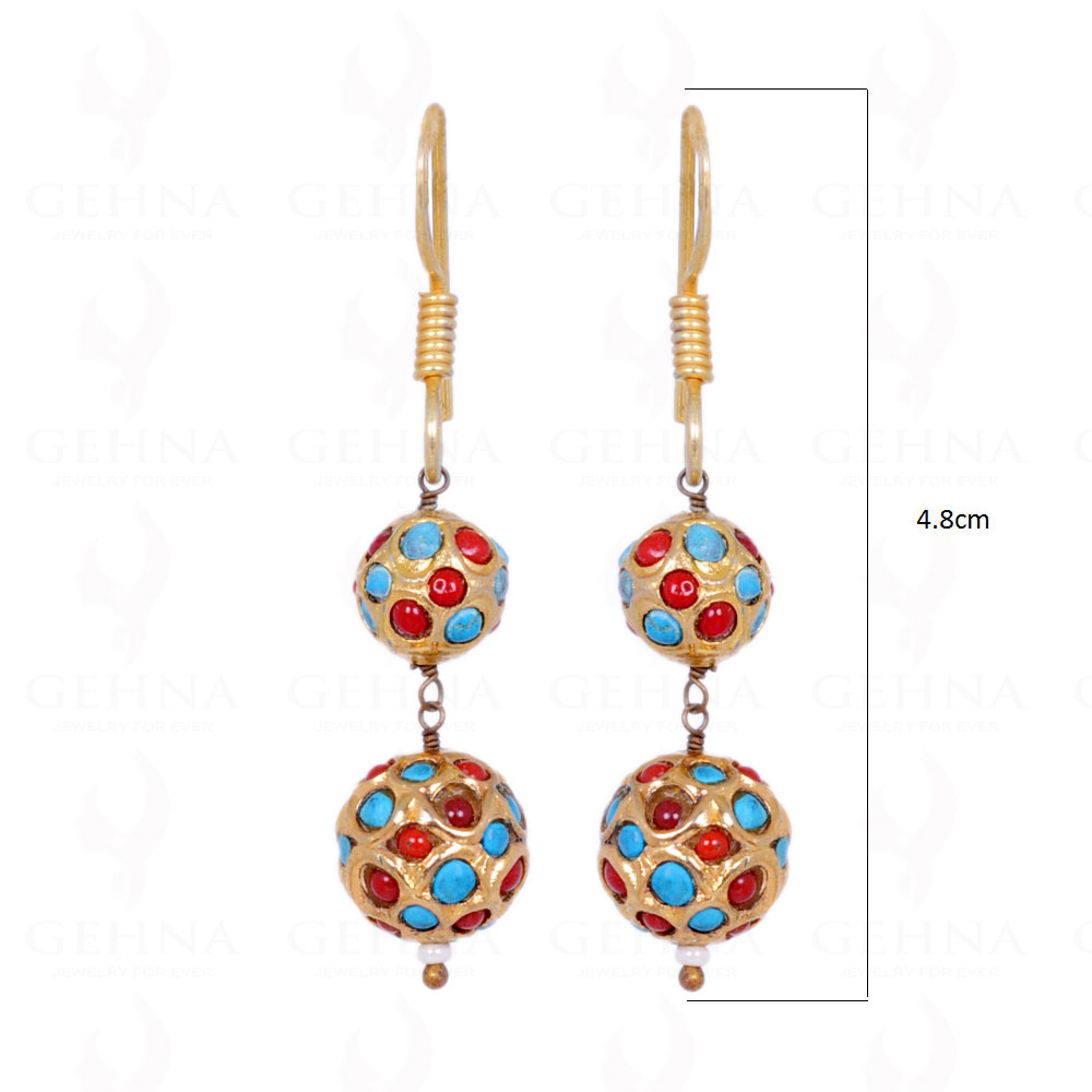 Turquoise & Coral Stone Studded Jadau Ball Earrings LE01-1060