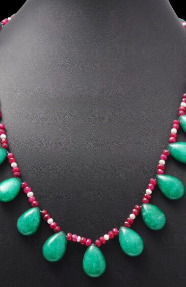 Necklace Of Green Onyx Almond & Ruby Gemstone  Bead With Sea Water Pearls NM-1060