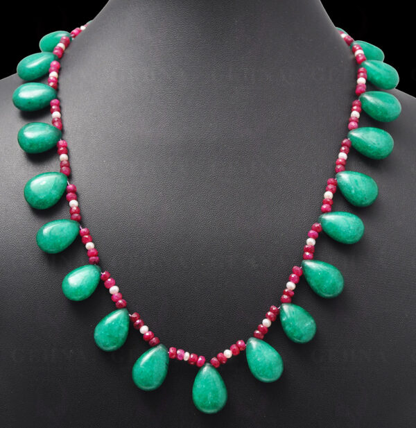 Necklace Of Green Onyx Almond & Ruby Gemstone  Bead With Sea Water Pearls NM-1060