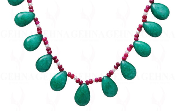 Necklace Of Green Onyx Almond & Ruby Gemstone  Bead With Sea Water Pearls NM-1060