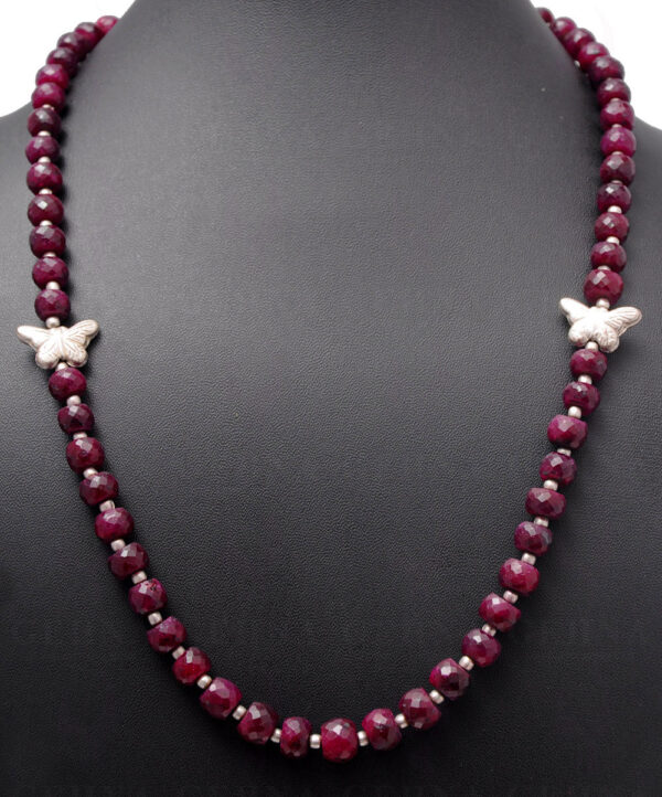Ruby Gemstone Round Faceted Bead String With Silver Butterflies NP-1060