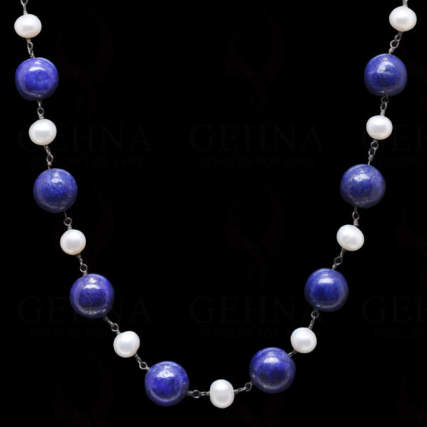 Pearl & Lapis Lazuli Gemstone Bead Chain In .925 Sterling Silver Cm1060