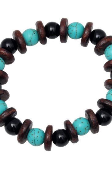Rose Wood, Turquoise & Onyx Gemstone Beaded Flexible Bracelet BS-1061
