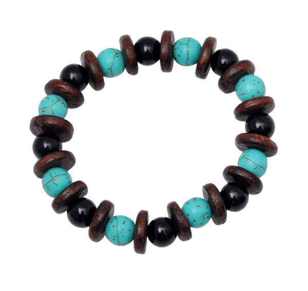 Rose Wood, Turquoise & Onyx Gemstone Beaded Flexible Bracelet BS-1061