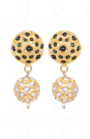 Pearl & Emerald Color Stone Studded Jadau Ball Earrings LE01-1061