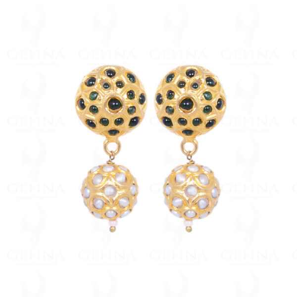 Pearl & Emerald Color Stone Studded Jadau Ball Earrings LE01-1061