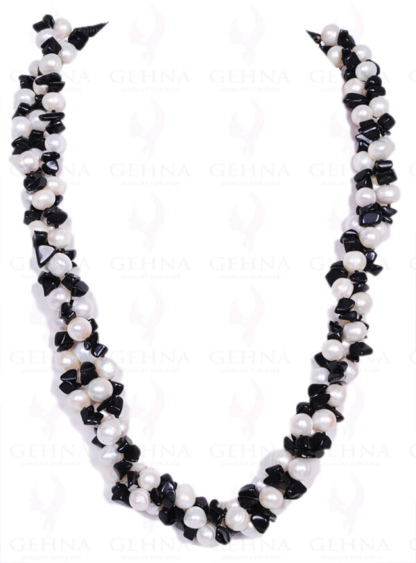 3 Rows Twisted Necklace Of Black Spinel Bead With Pearl 32" Inches Long NM-1061