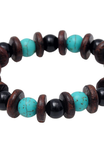 Rose Wood, Turquoise & Onyx Gemstone Beaded Flexible Bracelet BS-1061