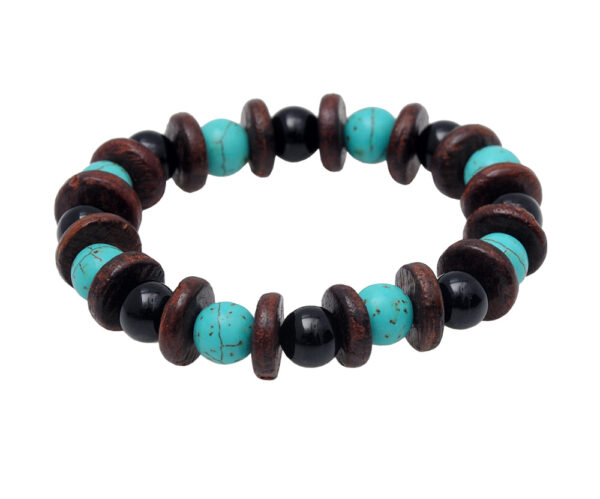 Rose Wood, Turquoise & Onyx Gemstone Beaded Flexible Bracelet BS-1061