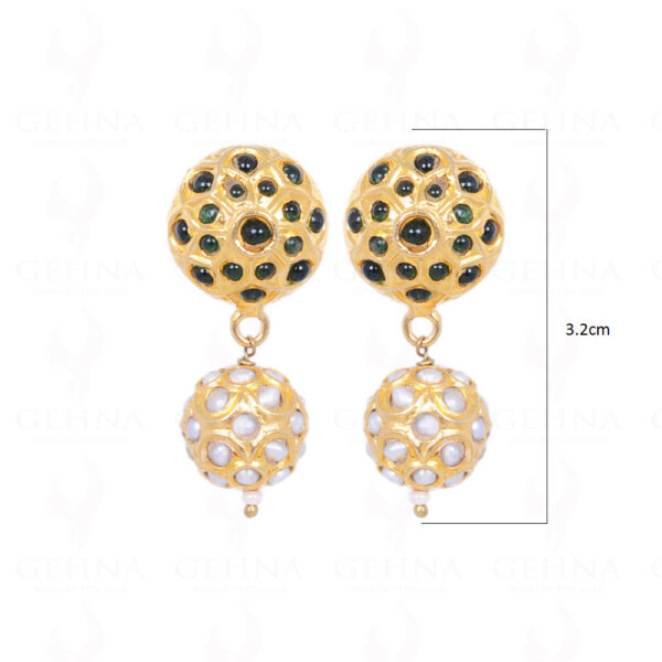 Pearl & Emerald Color Stone Studded Jadau Ball Earrings LE01-1061