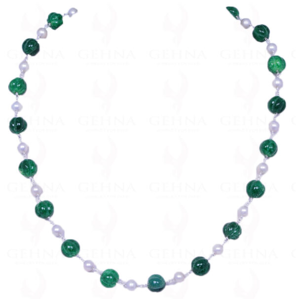 Pearl & Melon Shape Emerald Gemstone Bead Chain In .925 Sterling Silver Cm1062