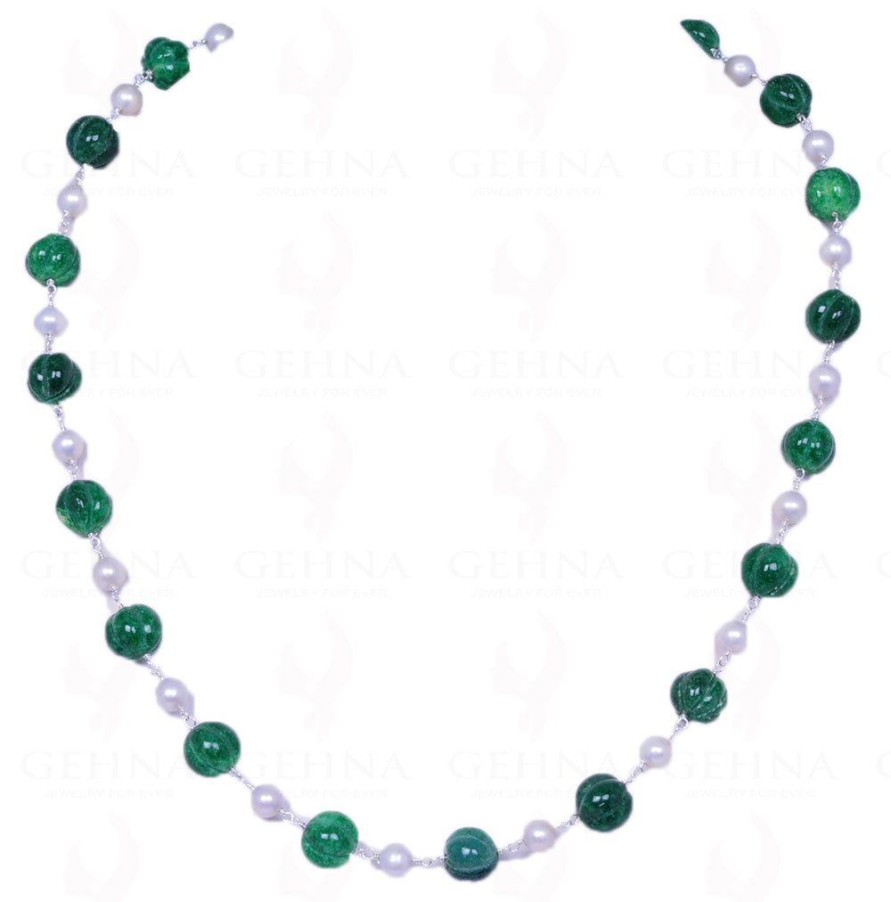 Pearl & Melon Shape Emerald Gemstone Bead Chain In .925 Sterling Silver Cm1062