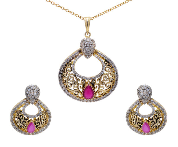 Cubic Zirconia & Ruby Studded Trendy Pendant & Earring Set FP-1062