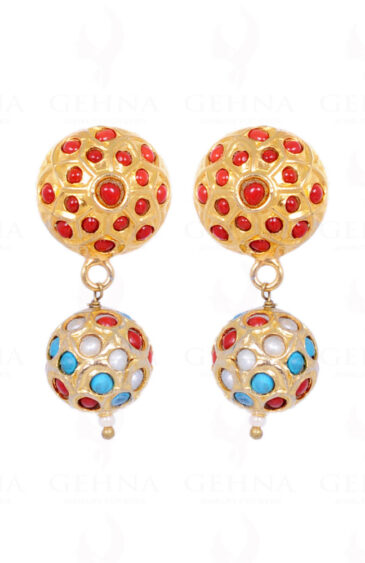 Pearl, Turquoise & Coral Stone Studded Jadau Bead Earrings LE01-1062