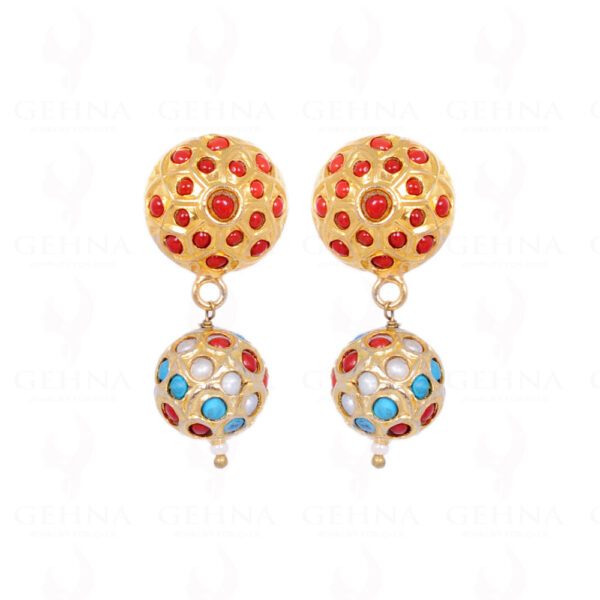 Pearl, Turquoise & Coral Stone Studded Jadau Bead Earrings LE01-1062