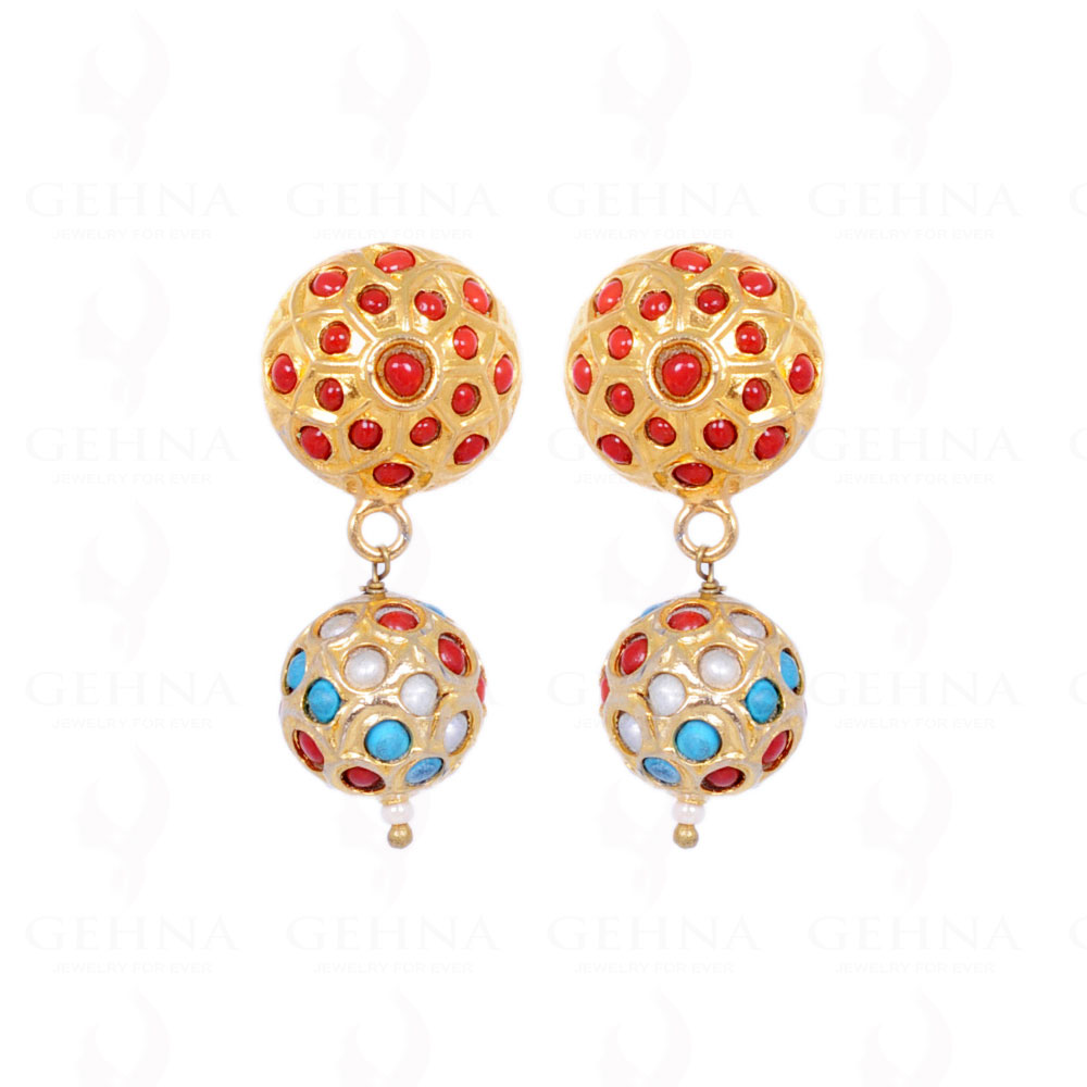 Pearl, Turquoise & Coral Stone Studded Jadau Bead Earrings LE01-1062