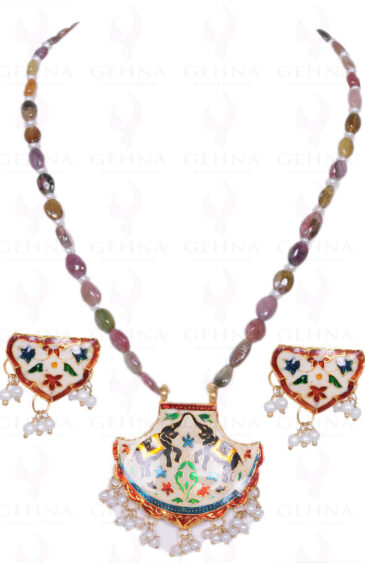 Pearl & Multi Tourmaline Gemstone Bead With Enamel Work Pendant & Earring NM-1062